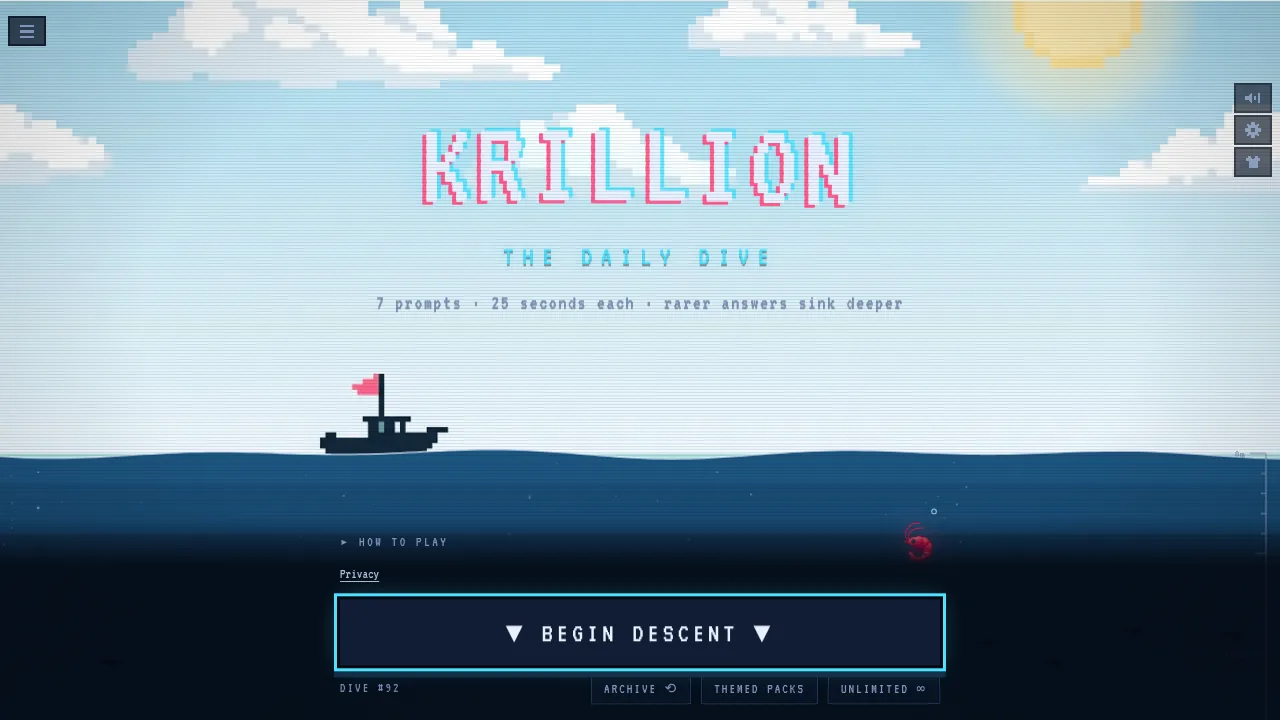 Krillion.io home page showing the Daily Dive entry and daily theme preview
