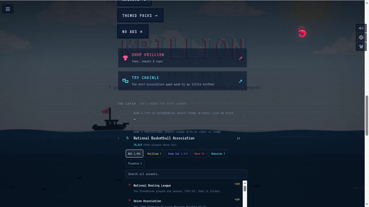 Daily Dive de Krillion completado con respuestas y rareza visibles