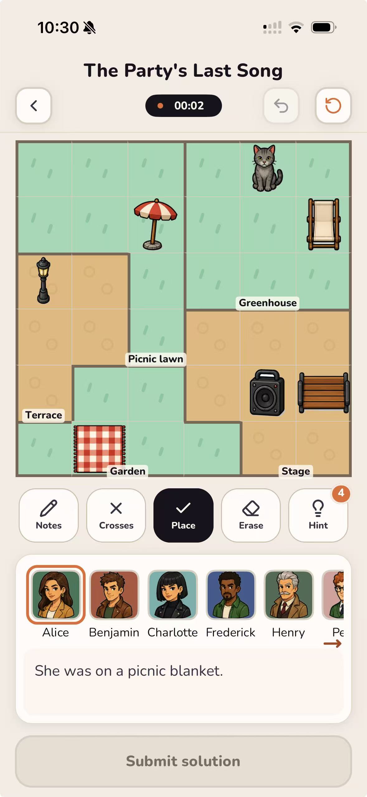 犯罪現場グリッド、容疑者カード、Notes、Crosses、Place、Erase、Hint が見えるゲーム画面。
