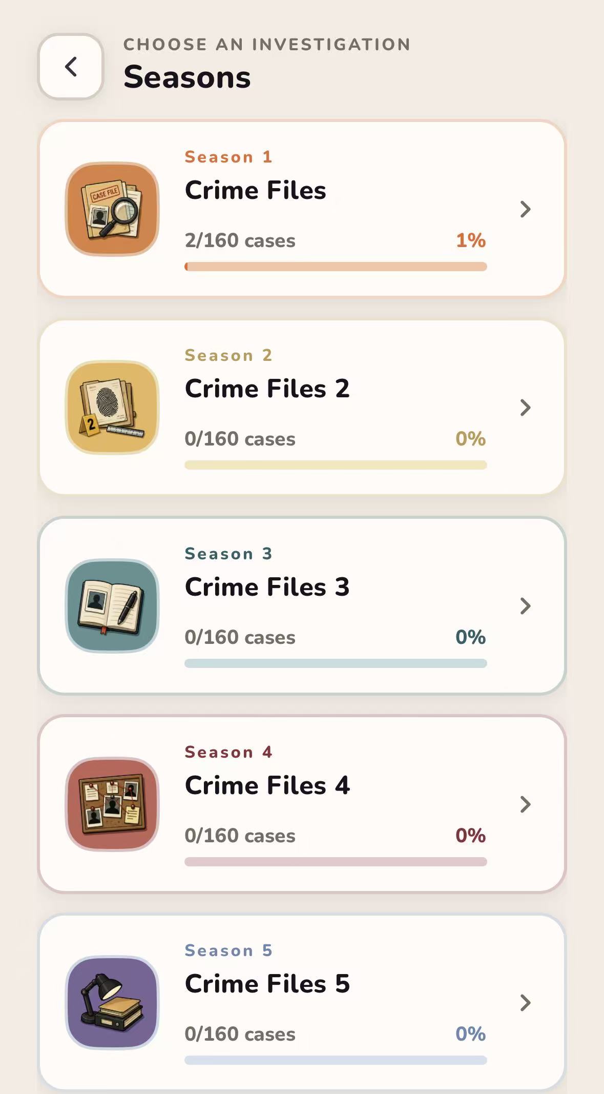 複数の Crime Files season と進捗バーが表示されたシーズン一覧。