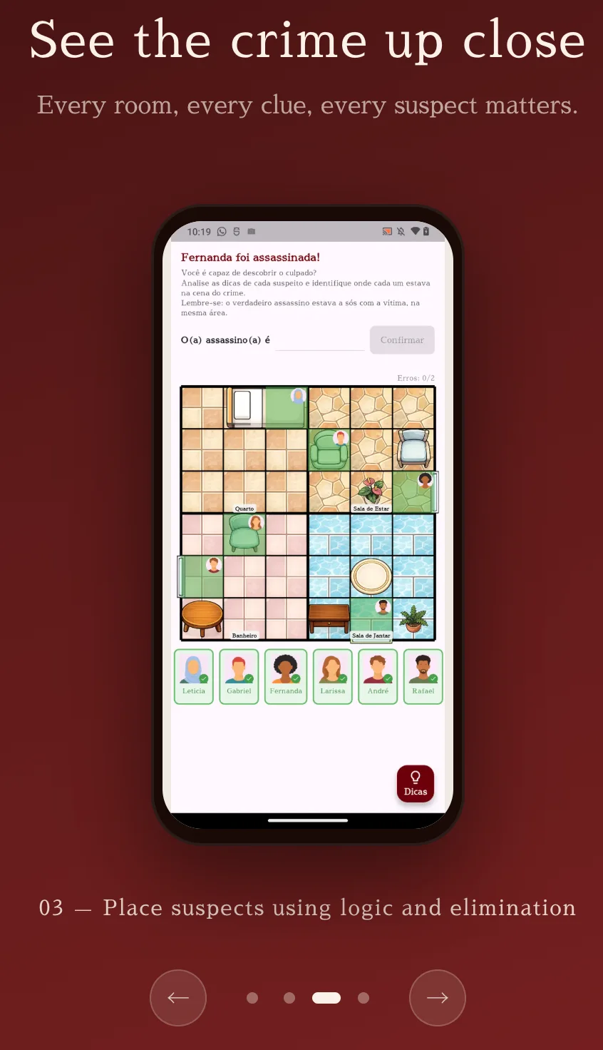 部屋グリッドと容疑者が見える Casedoku 公式モバイル画面