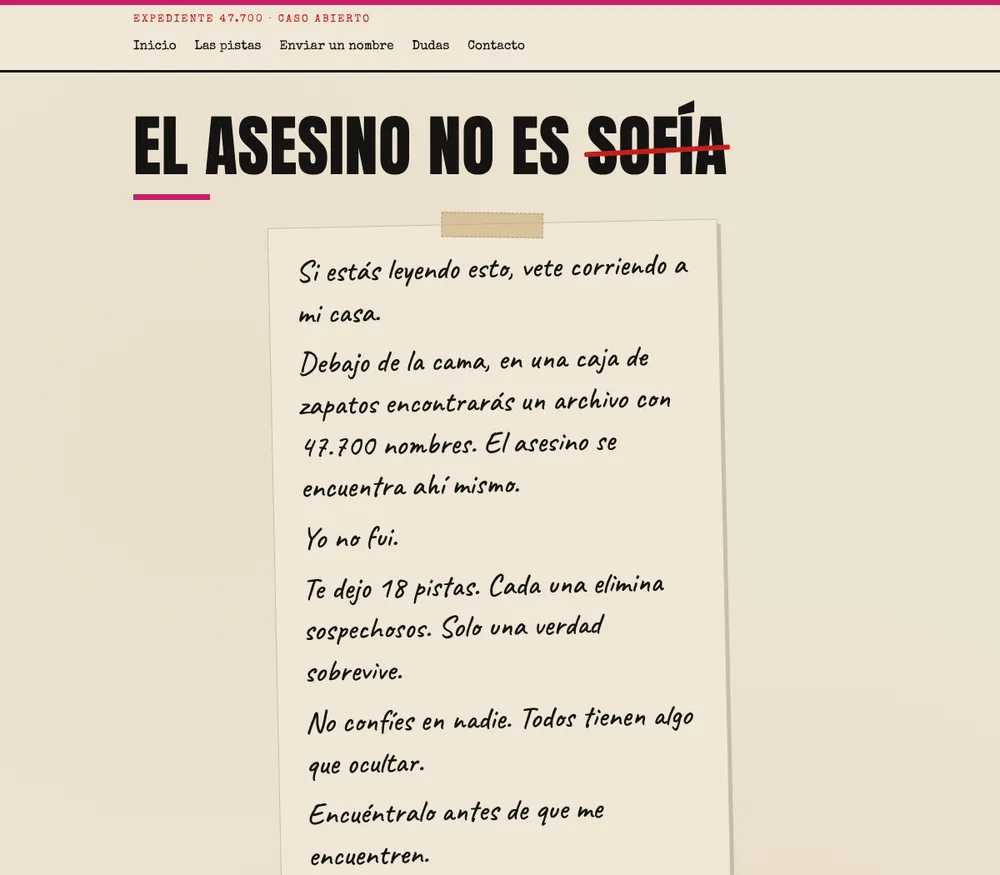 Portada del sitio oficial El asesino no es Sofía con la carta del expediente