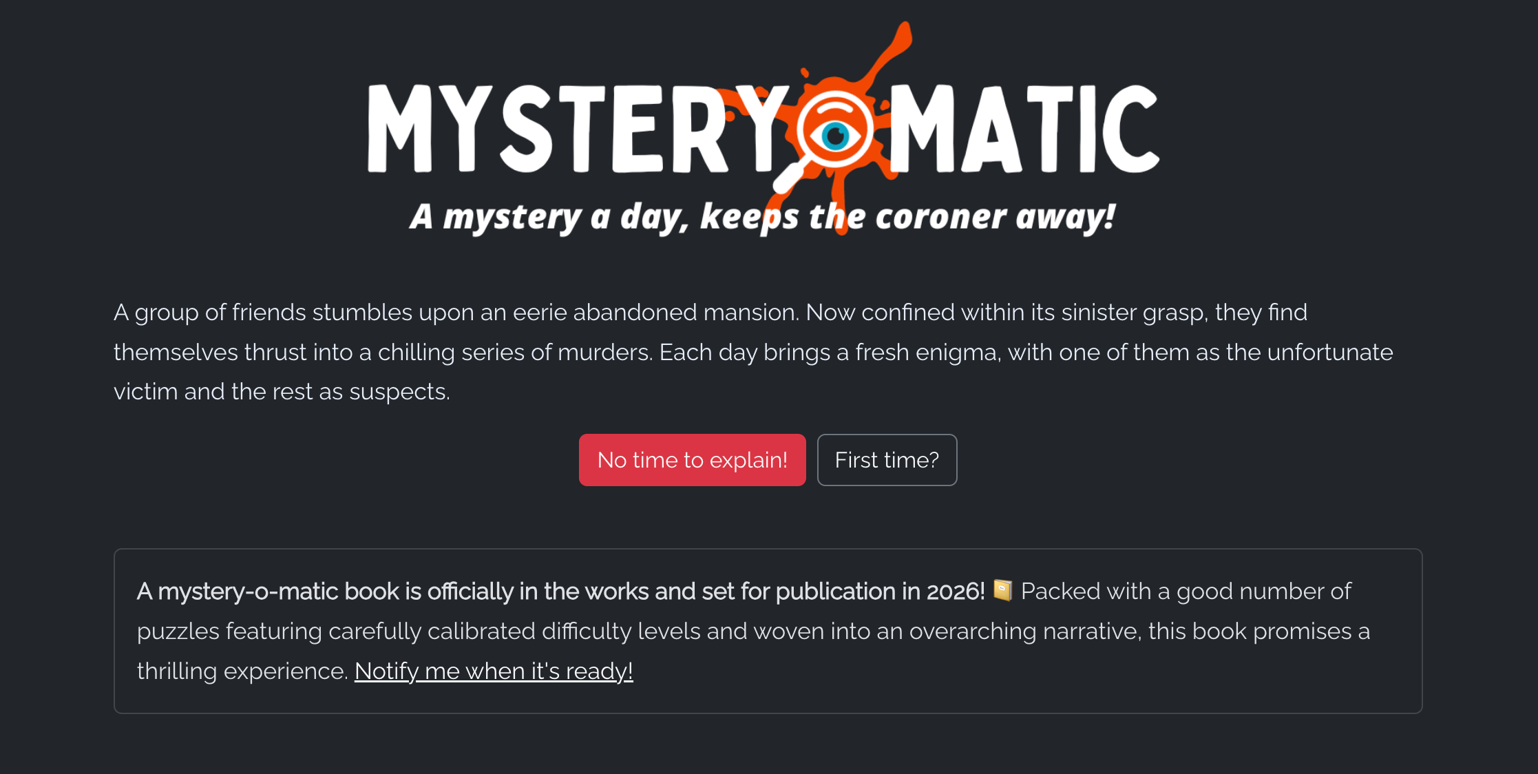 mystery-o-matic title and daily murder mystery introduction