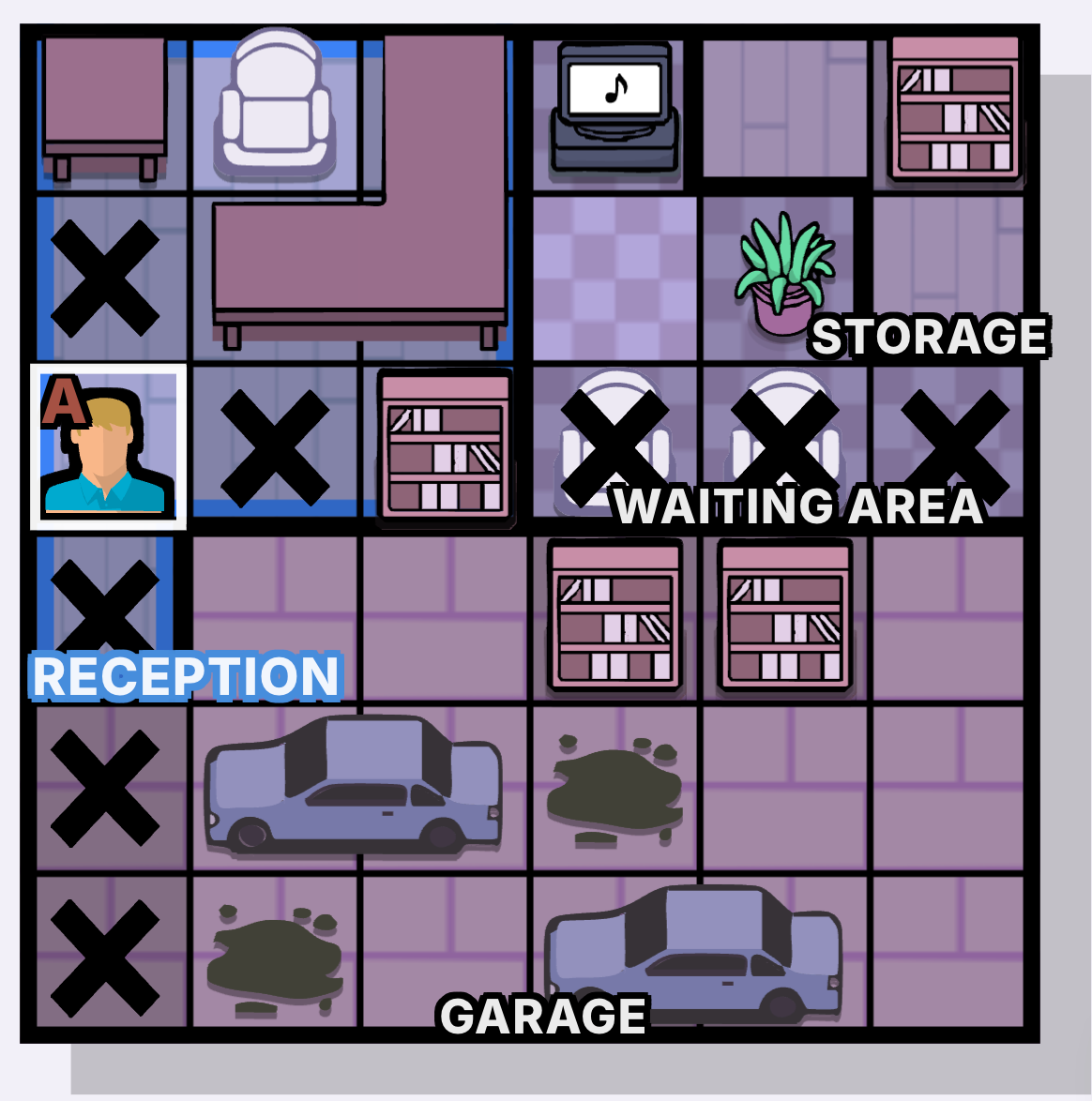 Mapa de Murdoku con un sospechoso fijado y marcas X bloqueando fila y columna