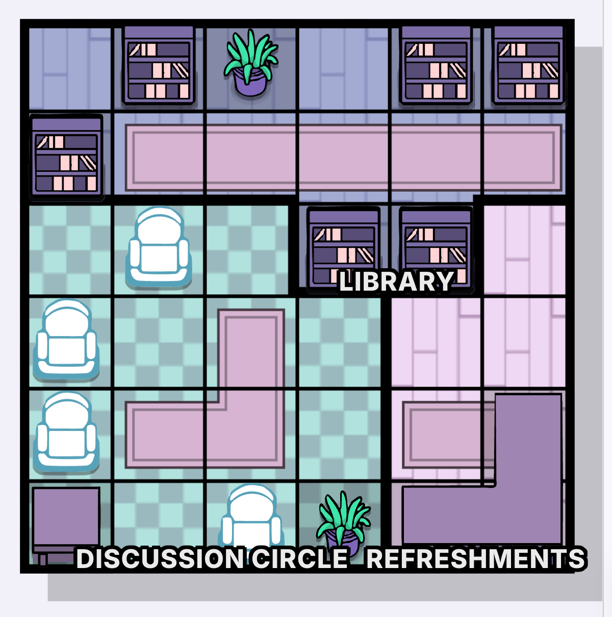 Mapa de Murdoku con zonas Library, Discussion Circle y Refreshments