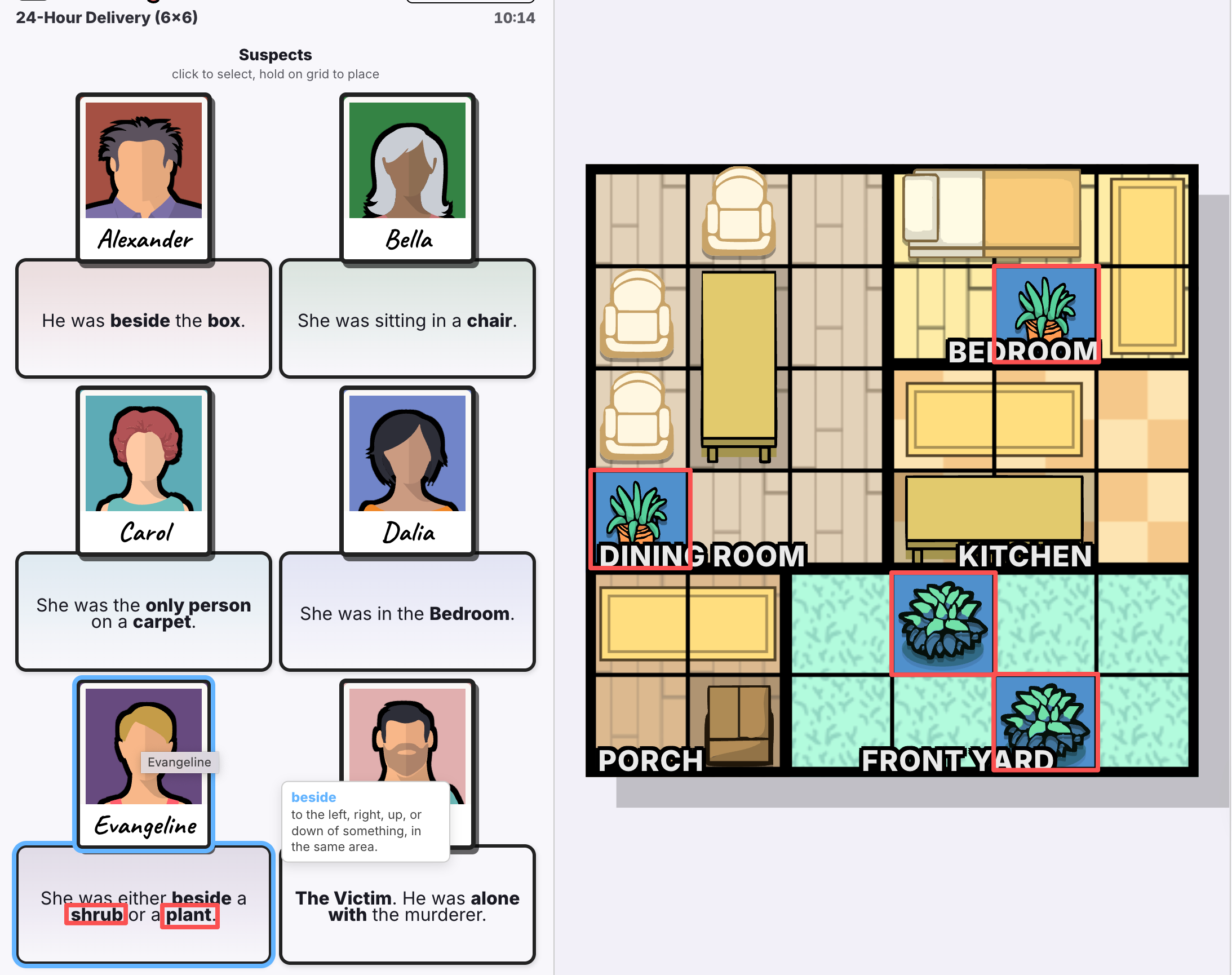 Interfaz oficial de Murdoku con una carta de sospechoso resaltada y palabras clave en el tablero