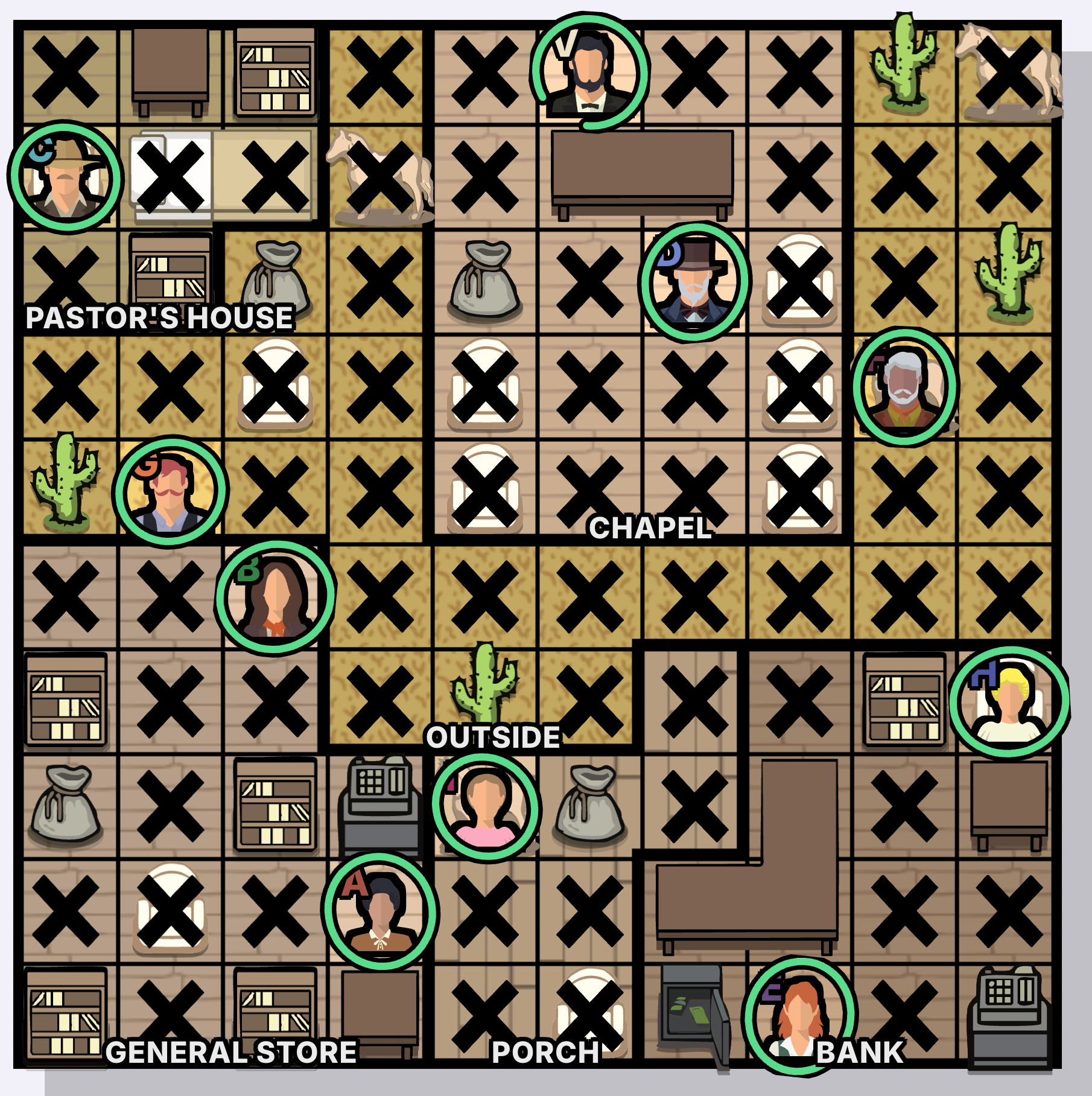 Frontier Town / El Pueblo de la Frontera Murdoku solución - tablero resuelto