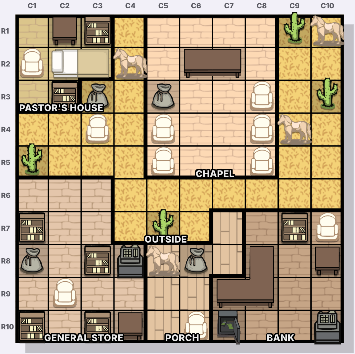 Frontier Town / El Pueblo de la Frontera mapa de coordenadas de Murdoku - columnas C1-C10 y filas R1-R10