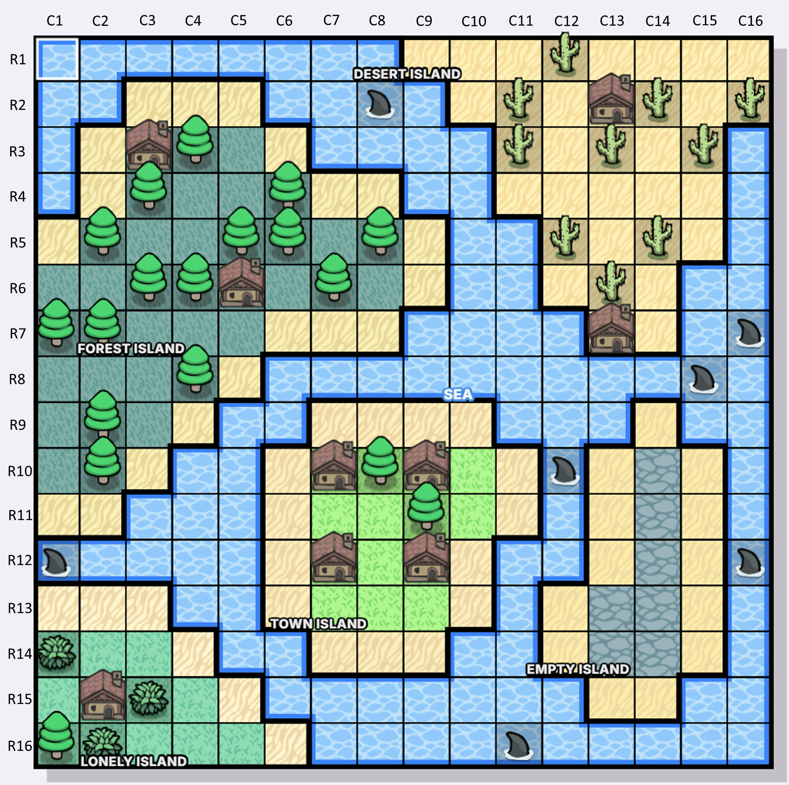 Mystery Islands Murdoku coordinate map - columns C1-C16 and rows R1-R16