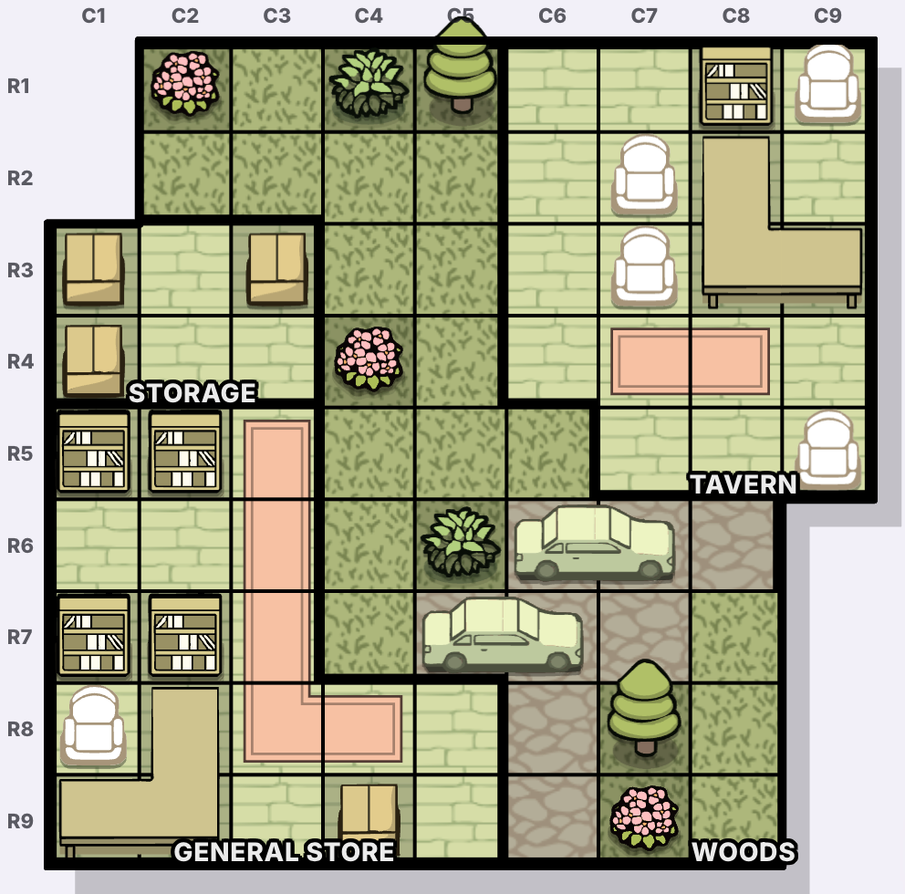 辺境の村 Murdoku 座標マップ — C1-C9 列と R1-R9 行