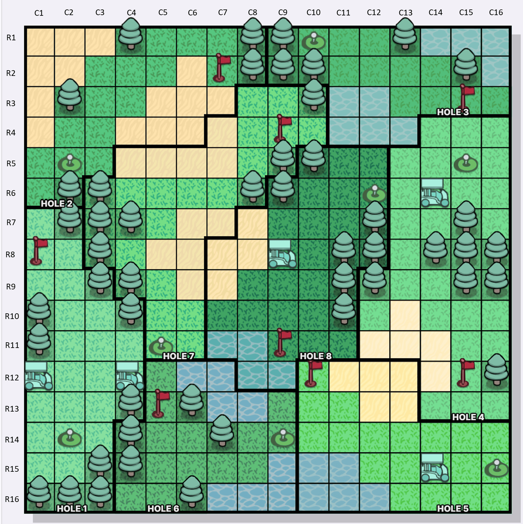 ゴルフ場 Murdoku 座標マップ — C1-C16 列と R1-R16 行