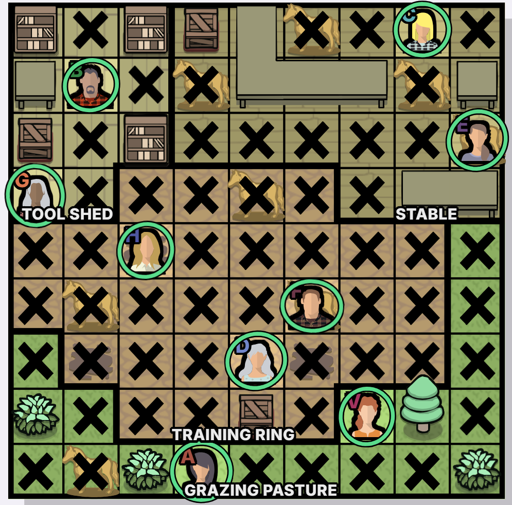 The Riding Lesson Murdoku solution - solved board